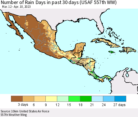Mexico Central America and the Caribbean Number of Rain Days in past 30 days (USAF 557th WW) 04/10/2023 Thematic Map For 4/6/2023 - 4/10/2023
