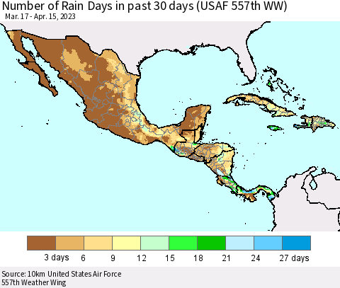 Mexico Central America and the Caribbean Number of Rain Days in past 30 days (USAF 557th WW) 04/15/2023 Thematic Map For 4/11/2023 - 4/15/2023
