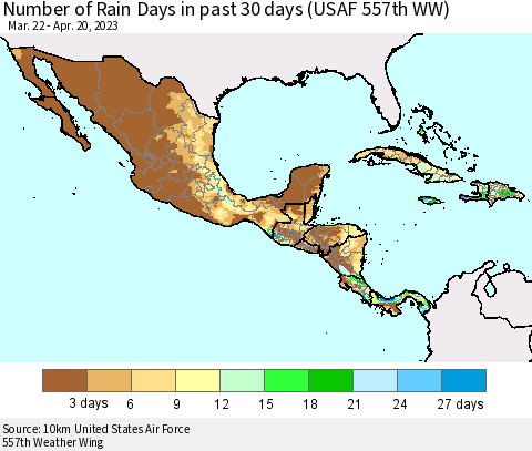 Mexico Central America and the Caribbean Number of Rain Days in past 30 days (USAF 557th WW) 04/20/2023 Thematic Map For 4/16/2023 - 4/20/2023