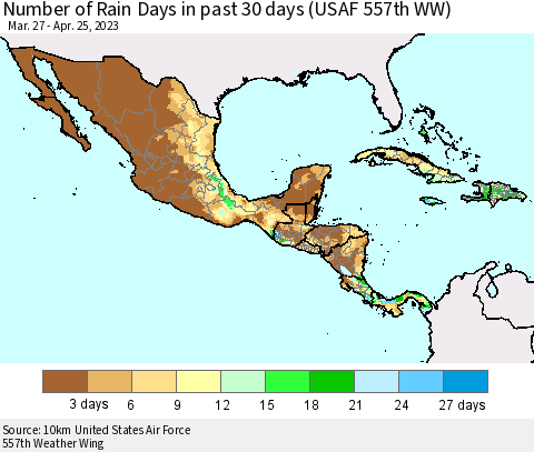 Mexico Central America and the Caribbean Number of Rain Days in past 30 days (USAF 557th WW) 04/25/2023 Thematic Map For 4/21/2023 - 4/25/2023