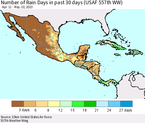 Mexico Central America and the Caribbean Number of Rain Days in past 30 days (USAF 557th WW) 05/10/2023 Thematic Map For 5/6/2023 - 5/10/2023