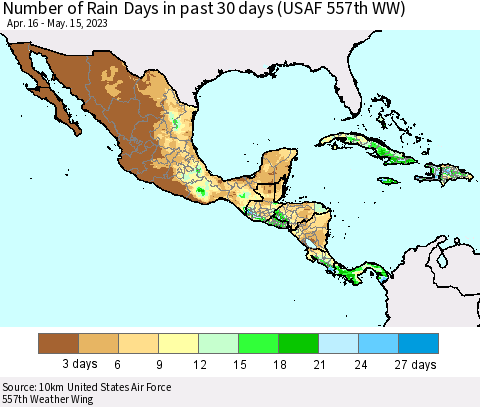 Mexico Central America and the Caribbean Number of Rain Days in past 30 days (USAF 557th WW) 05/15/2023 Thematic Map For 5/11/2023 - 5/15/2023