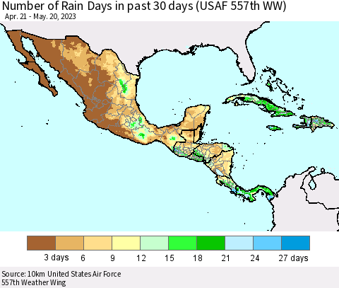 Mexico Central America and the Caribbean Number of Rain Days in past 30 days (USAF 557th WW) 05/20/2023 Thematic Map For 5/16/2023 - 5/20/2023