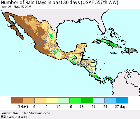 Mexico Central America and the Caribbean Number of Rain Days in past 30 days (USAF 557th WW) 05/25/2023 Thematic Map For 5/21/2023 - 5/25/2023