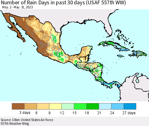 Mexico Central America and the Caribbean Number of Rain Days in past 30 days (USAF 557th WW) 05/31/2023 Thematic Map For 5/26/2023 - 5/31/2023