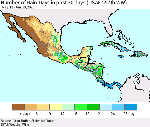 Mexico Central America and the Caribbean Number of Rain Days in past 30 days (USAF 557th WW) 06/10/2023 Thematic Map For 6/6/2023 - 6/10/2023