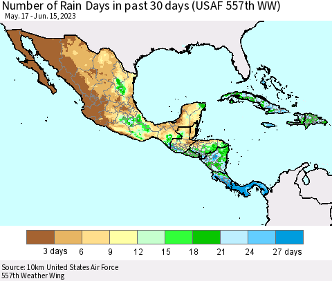 Mexico Central America and the Caribbean Number of Rain Days in past 30 days (USAF 557th WW) 06/15/2023 Thematic Map For 6/11/2023 - 6/15/2023