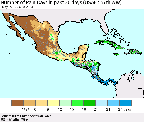 Mexico Central America and the Caribbean Number of Rain Days in past 30 days (USAF 557th WW) 06/20/2023 Thematic Map For 6/16/2023 - 6/20/2023