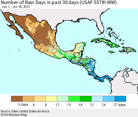 Mexico Central America and the Caribbean Number of Rain Days in past 30 days (USAF 557th WW) 06/30/2023 Thematic Map For 6/26/2023 - 6/30/2023