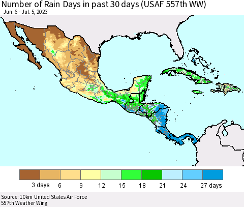 Mexico Central America and the Caribbean Number of Rain Days in past 30 days (USAF 557th WW) 07/05/2023 Thematic Map For 7/1/2023 - 7/5/2023