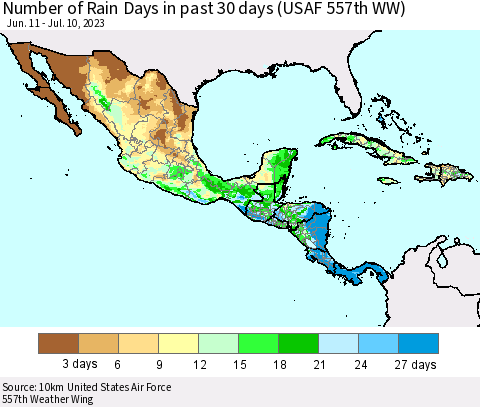 Mexico Central America and the Caribbean Number of Rain Days in past 30 days (USAF 557th WW) 07/10/2023 Thematic Map For 7/6/2023 - 7/10/2023