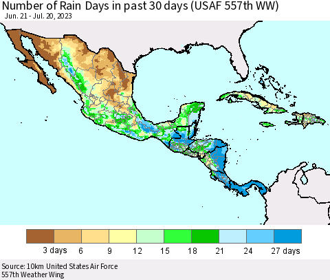 Mexico Central America and the Caribbean Number of Rain Days in past 30 days (USAF 557th WW) 07/20/2023 Thematic Map For 7/16/2023 - 7/20/2023