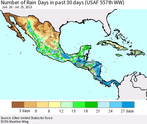 Mexico Central America and the Caribbean Number of Rain Days in past 30 days (USAF 557th WW) 07/25/2023 Thematic Map For 7/21/2023 - 7/25/2023