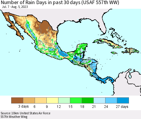 Mexico Central America and the Caribbean Number of Rain Days in past 30 days (USAF 557th WW) 08/05/2023 Thematic Map For 8/1/2023 - 8/5/2023
