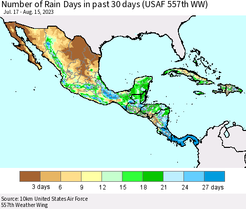 Mexico Central America and the Caribbean Number of Rain Days in past 30 days (USAF 557th WW) 08/15/2023 Thematic Map For 8/11/2023 - 8/15/2023