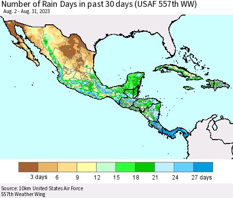 Mexico Central America and the Caribbean Number of Rain Days in past 30 days (USAF 557th WW) 08/31/2023 Thematic Map For 8/26/2023 - 8/31/2023