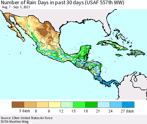Mexico Central America and the Caribbean Number of Rain Days in past 30 days (USAF 557th WW) 09/05/2023 Thematic Map For 9/1/2023 - 9/5/2023