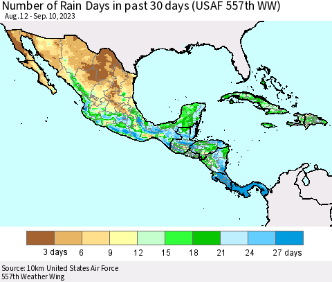Mexico Central America and the Caribbean Number of Rain Days in past 30 days (USAF 557th WW) 09/10/2023 Thematic Map For 9/6/2023 - 9/10/2023