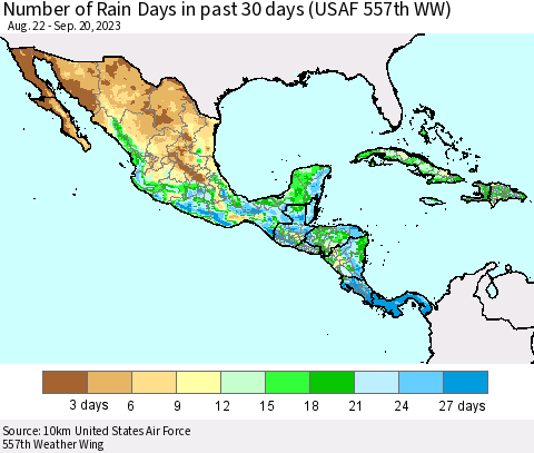 Mexico Central America and the Caribbean Number of Rain Days in past 30 days (USAF 557th WW) 09/20/2023 Thematic Map For 9/16/2023 - 9/20/2023