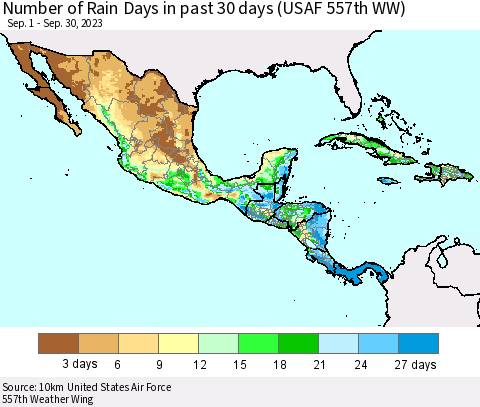 Mexico Central America and the Caribbean Number of Rain Days in past 30 days (USAF 557th WW) 09/30/2023 Thematic Map For 9/26/2023 - 9/30/2023