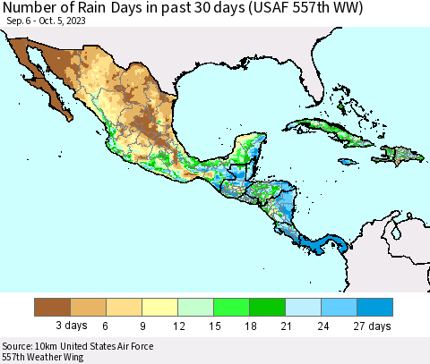 Mexico Central America and the Caribbean Number of Rain Days in past 30 days (USAF 557th WW) 10/05/2023 Thematic Map For 10/1/2023 - 10/5/2023