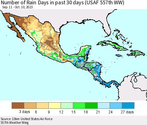 Mexico Central America and the Caribbean Number of Rain Days in past 30 days (USAF 557th WW) 10/10/2023 Thematic Map For 10/6/2023 - 10/10/2023