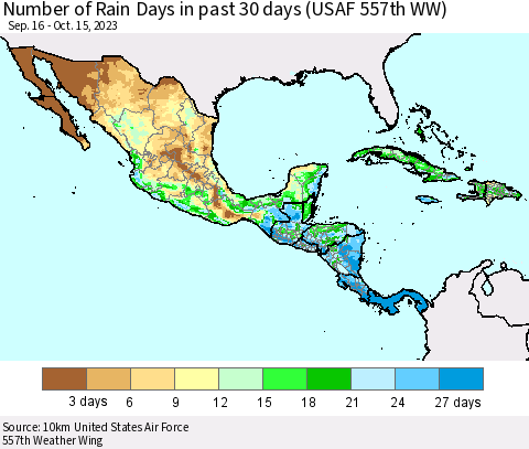 Mexico Central America and the Caribbean Number of Rain Days in past 30 days (USAF 557th WW) 10/15/2023 Thematic Map For 10/11/2023 - 10/15/2023