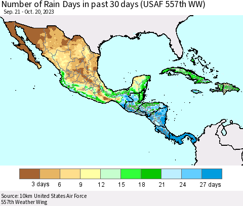 Mexico Central America and the Caribbean Number of Rain Days in past 30 days (USAF 557th WW) 10/20/2023 Thematic Map For 10/16/2023 - 10/20/2023