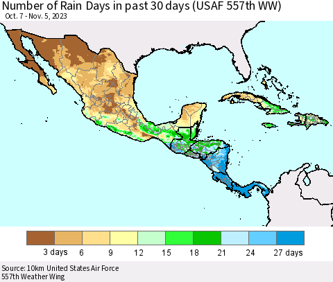 Mexico Central America and the Caribbean Number of Rain Days in past 30 days (USAF 557th WW) 11/05/2023 Thematic Map For 11/1/2023 - 11/5/2023