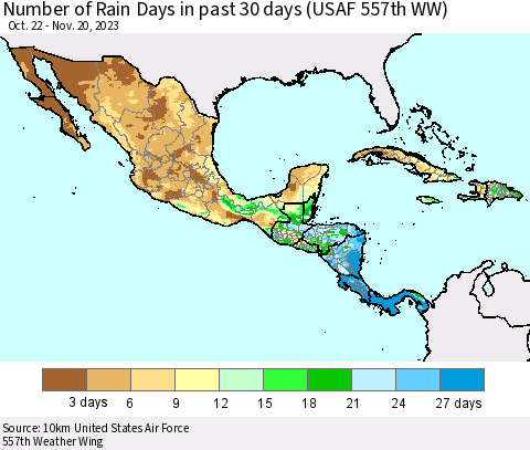 Mexico Central America and the Caribbean Number of Rain Days in past 30 days (USAF 557th WW) 11/20/2023 Thematic Map For 11/16/2023 - 11/20/2023