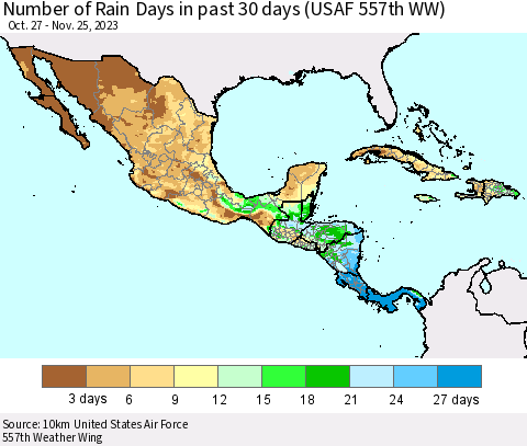 Mexico Central America and the Caribbean Number of Rain Days in past 30 days (USAF 557th WW) 11/25/2023 Thematic Map For 11/21/2023 - 11/25/2023