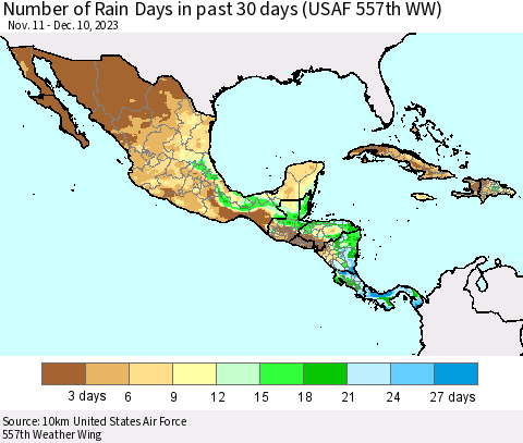 Mexico Central America and the Caribbean Number of Rain Days in past 30 days (USAF 557th WW) 12/10/2023 Thematic Map For 12/6/2023 - 12/10/2023