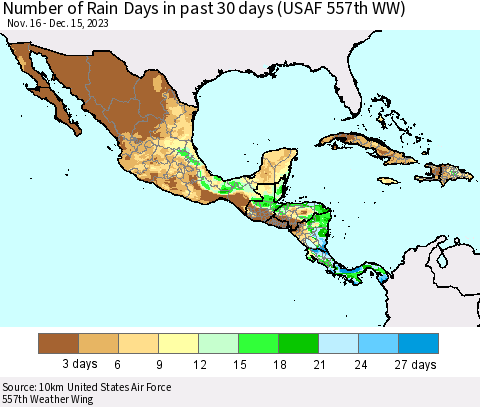 Mexico Central America and the Caribbean Number of Rain Days in past 30 days (USAF 557th WW) 12/15/2023 Thematic Map For 12/11/2023 - 12/15/2023