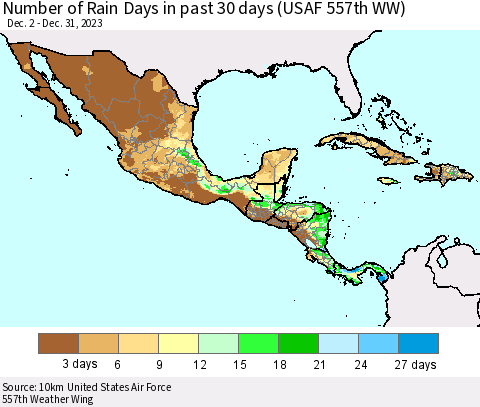 Mexico Central America and the Caribbean Number of Rain Days in past 30 days (USAF 557th WW) 12/31/2023 Thematic Map For 12/26/2023 - 12/31/2023
