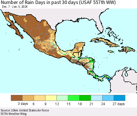 Mexico Central America and the Caribbean Number of Rain Days in past 30 days (USAF 557th WW) 01/05/2024 Thematic Map For 1/1/2024 - 1/5/2024