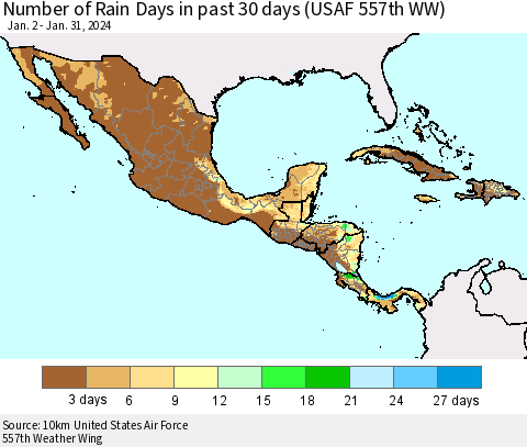Mexico Central America and the Caribbean Number of Rain Days in past 30 days (USAF 557th WW) 01/31/2024 Thematic Map For 1/26/2024 - 1/31/2024