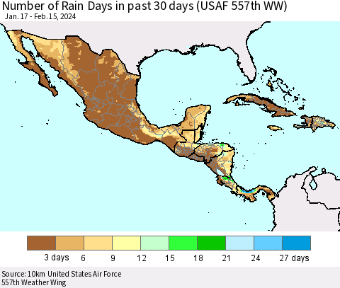 Mexico Central America and the Caribbean Number of Rain Days in past 30 days (USAF 557th WW) 02/15/2024 Thematic Map For 2/11/2024 - 2/15/2024