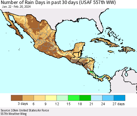 Mexico Central America and the Caribbean Number of Rain Days in past 30 days (USAF 557th WW) 02/20/2024 Thematic Map For 2/16/2024 - 2/20/2024