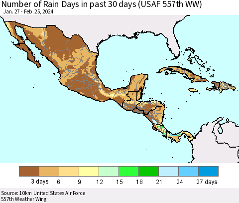 Mexico Central America and the Caribbean Number of Rain Days in past 30 days (USAF 557th WW) 02/25/2024 Thematic Map For 2/21/2024 - 2/25/2024