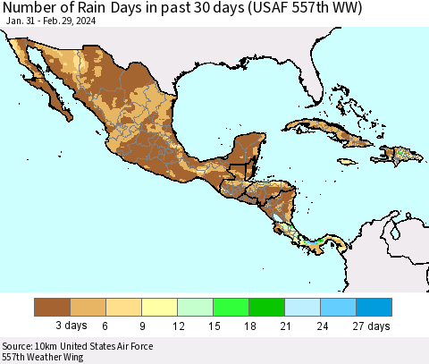 Mexico Central America and the Caribbean Number of Rain Days in past 30 days (USAF 557th WW) 02/29/2024 Thematic Map For 2/26/2024 - 2/29/2024