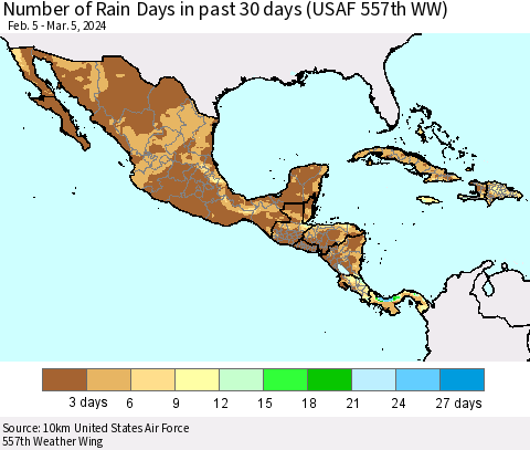 Mexico Central America and the Caribbean Number of Rain Days in past 30 days (USAF 557th WW) 03/05/2024 Thematic Map For 3/1/2024 - 3/5/2024