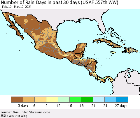 Mexico Central America and the Caribbean Number of Rain Days in past 30 days (USAF 557th WW) 03/10/2024 Thematic Map For 3/6/2024 - 3/10/2024