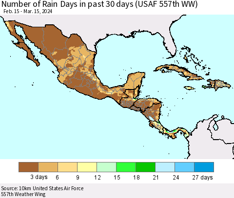 Mexico Central America and the Caribbean Number of Rain Days in past 30 days (USAF 557th WW) 03/15/2024 Thematic Map For 3/11/2024 - 3/15/2024