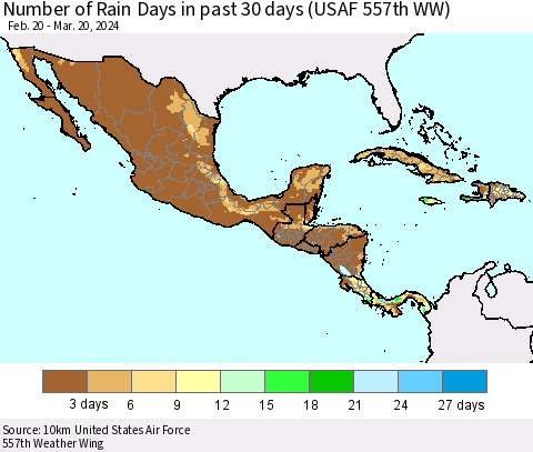 Mexico Central America and the Caribbean Number of Rain Days in past 30 days (USAF 557th WW) 03/20/2024 Thematic Map For 3/16/2024 - 3/20/2024