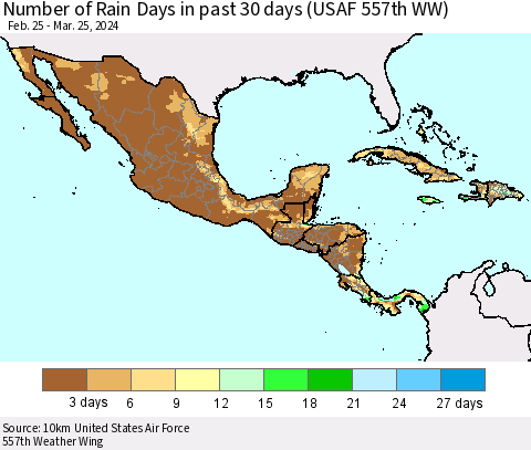 Mexico Central America and the Caribbean Number of Rain Days in past 30 days (USAF 557th WW) 03/25/2024 Thematic Map For 3/21/2024 - 3/25/2024