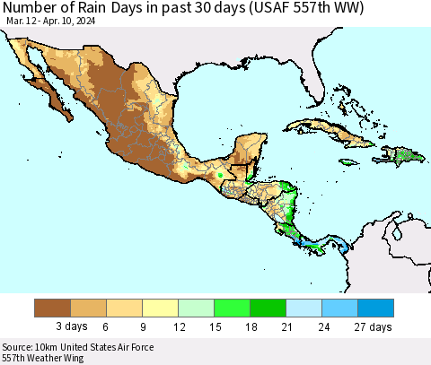 Mexico Central America and the Caribbean Number of Rain Days in past 30 days (USAF 557th WW) 04/10/2024 Thematic Map For 4/6/2024 - 4/10/2024
