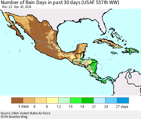 Mexico Central America and the Caribbean Number of Rain Days in past 30 days (USAF 557th WW) 04/20/2024 Thematic Map For 4/16/2024 - 4/20/2024