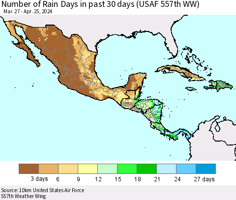 Mexico Central America and the Caribbean Number of Rain Days in past 30 days (USAF 557th WW) 04/25/2024 Thematic Map For 4/21/2024 - 4/25/2024