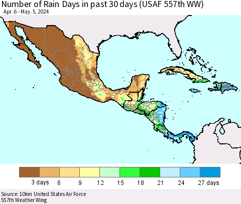 Mexico Central America and the Caribbean Number of Rain Days in past 30 days (USAF 557th WW) 05/05/2024 Thematic Map For 5/1/2024 - 5/5/2024