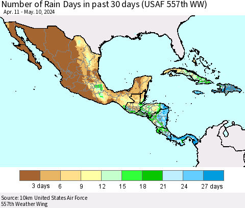 Mexico Central America and the Caribbean Number of Rain Days in past 30 days (USAF 557th WW) 05/10/2024 Thematic Map For 5/6/2024 - 5/10/2024